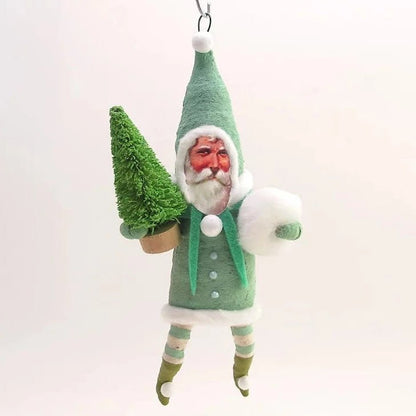 Green Santa W/ Bottle Brush Tree Ornament - Vintage Inspired Spun Cotton | Vintage by Crystal Spun Cotton Ornament - Bon Ton goods