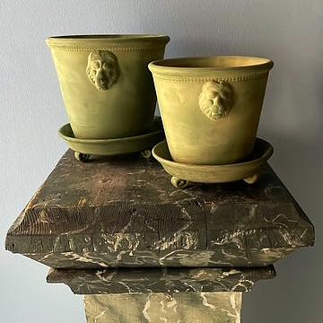 Green Unglazed Lion Pot with Saucer on Legs | Handmade Erik Bendtsen Ceramics - Bon Ton goods