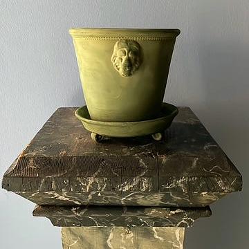 Green Unglazed Lion Pot with Saucer on Legs | Handmade Erik Bendtsen Ceramics - Bon Ton goods