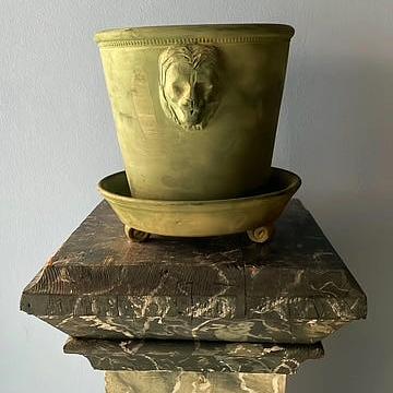 Green Unglazed Lion Pot with Saucer on Legs | Handmade Erik Bendtsen Ceramics - Bon Ton goods