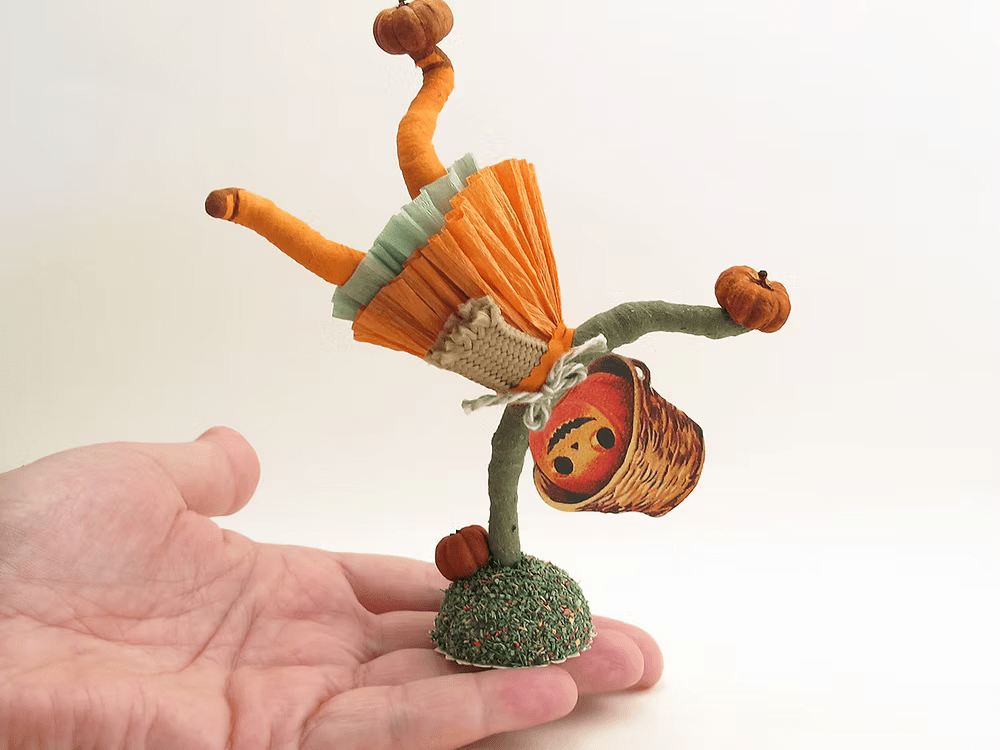 Handstand Pumpkin Gal Figure | Vintage by Crystal Spun Cotton Ornament - Bon Ton goods