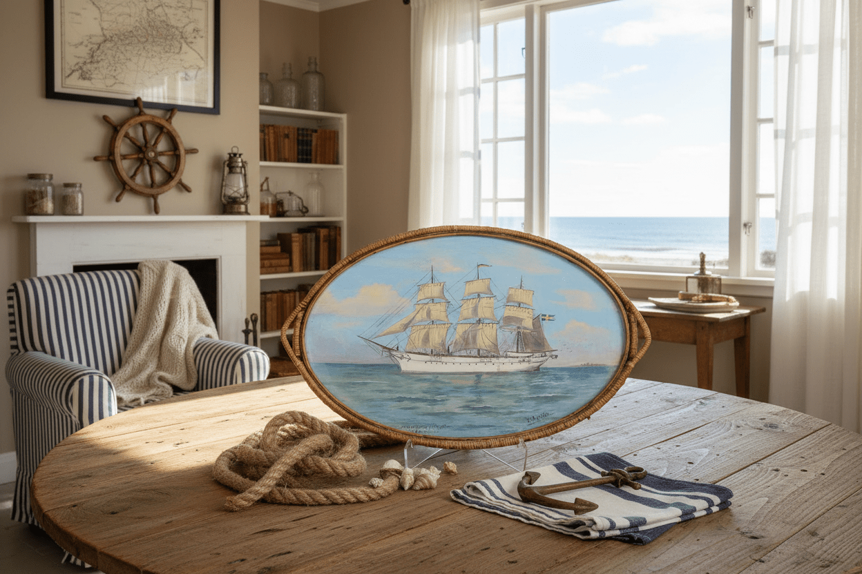 Hans Augustin, “Skeppsgossefartyget Yarramas” — Nautical Serving Tray in Rattan & Glass (62 × 38 cm) - Bon Ton goods