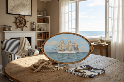 Hans Augustin, “Skeppsgossefartyget Yarramas” — Nautical Serving Tray in Rattan & Glass (62 × 38 cm) - Bon Ton goods
