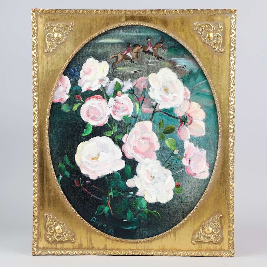 Hans Ripa – Oval Floral Still Life with Hunting Scene, Oil on Canvas (57 x 47 cm Framed) - Bon Ton goods