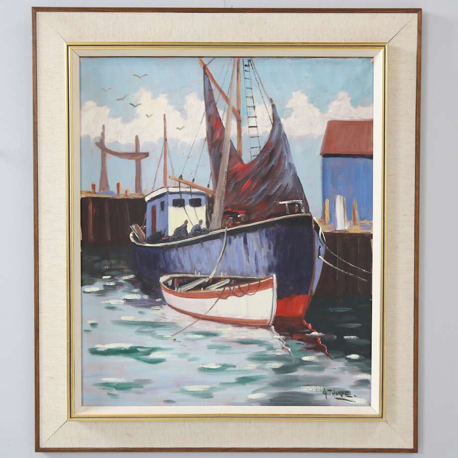 Harbor with Fishing Boats Åke Thorpe, Oil on Canvas - Bon Ton goods