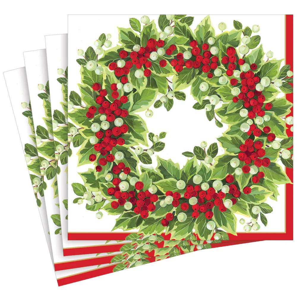 Holly and Berry Wreath Paper Dinner Napkins | Caspari - Bon Ton goods