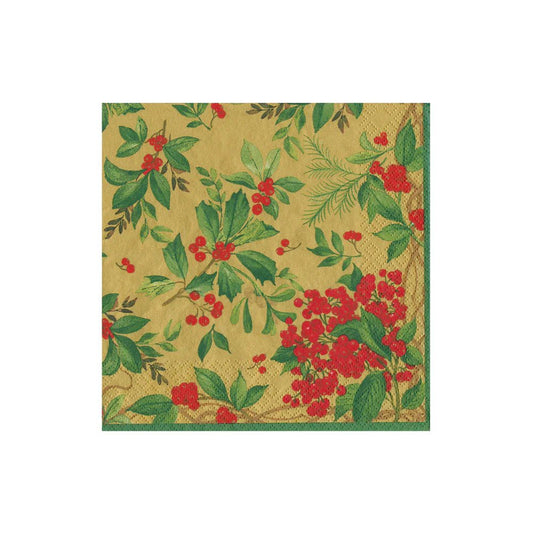 Holly Chintz Gold Cocktail Napkins | Caspari - Bon Ton goods