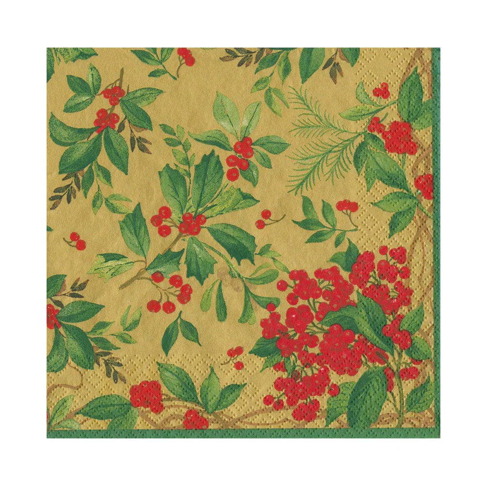 Holly Chintz Gold Luncheon Napkins | Caspari - Bon Ton goods