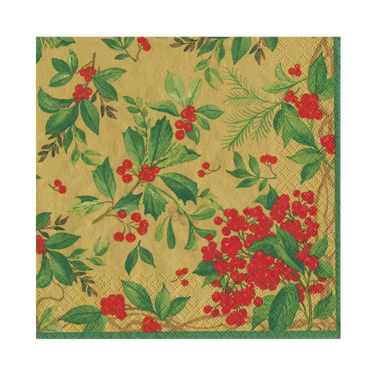 Holly Chintz Gold Luncheon Napkins | Caspari - Bon Ton goods