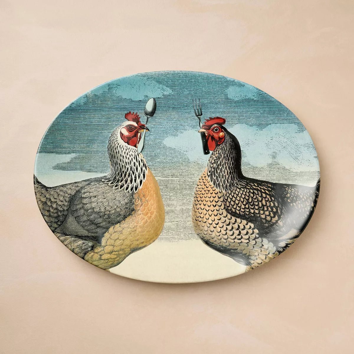 Hungry Chickens Stoneware Oval Serving Platter | John Derian - Bon Ton goods