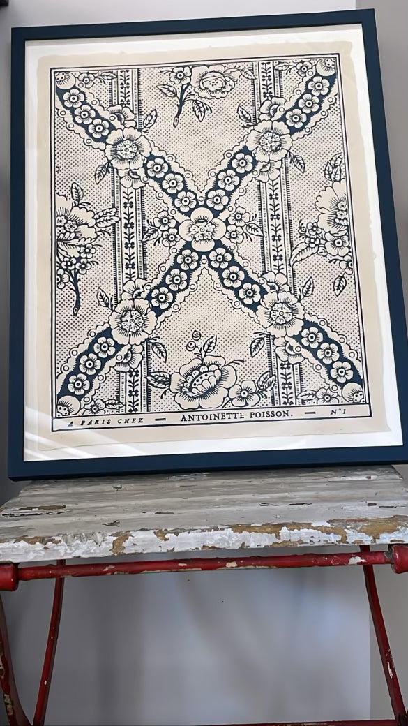 'Guirlande Fleurs' Bleu Indigo Domino Print - FRAMED