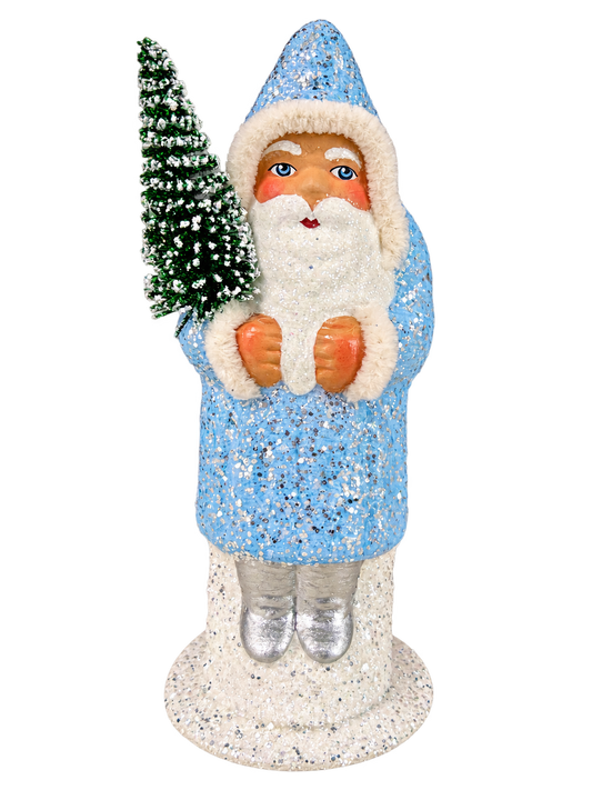 Baby blue Ino Schaller Santa with sponged silver glitter, frosted green tree and silver boots, 17 cm