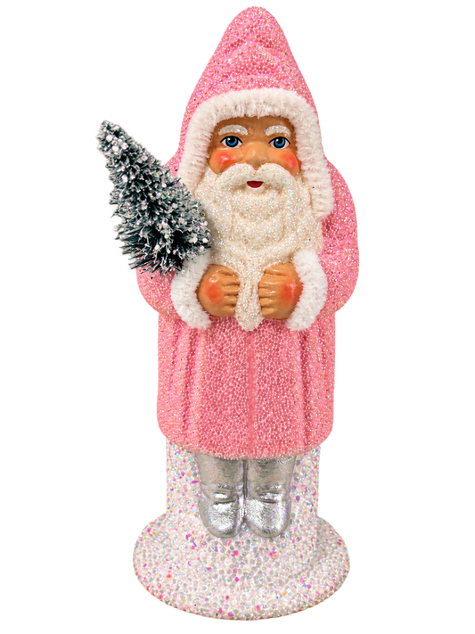 Candy pink beaded Santa by Ino Schaller with frosted green bottlebrush tree, white pipe-cleaner trim, silver boots and iridescent beaded glitter base