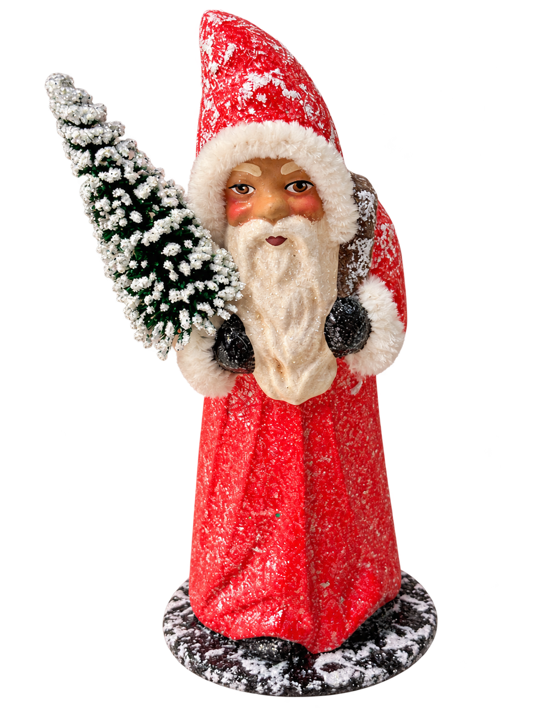 Frosted Red Santa with Snowy Tree by Ino Schaller, isolated on a transparent background