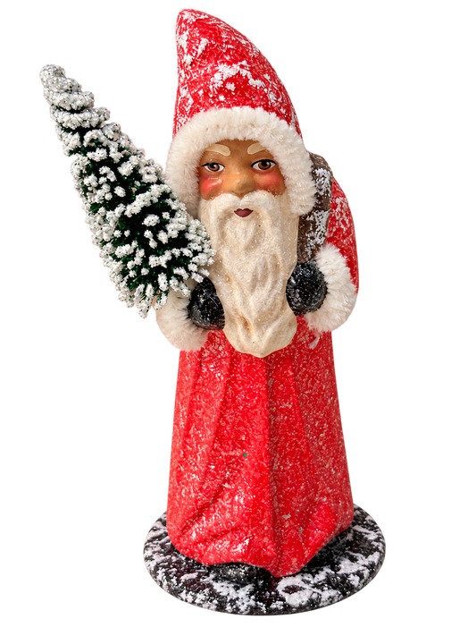 Frosted Red Santa with Snowy Tree by Ino Schaller, isolated on a transparent background