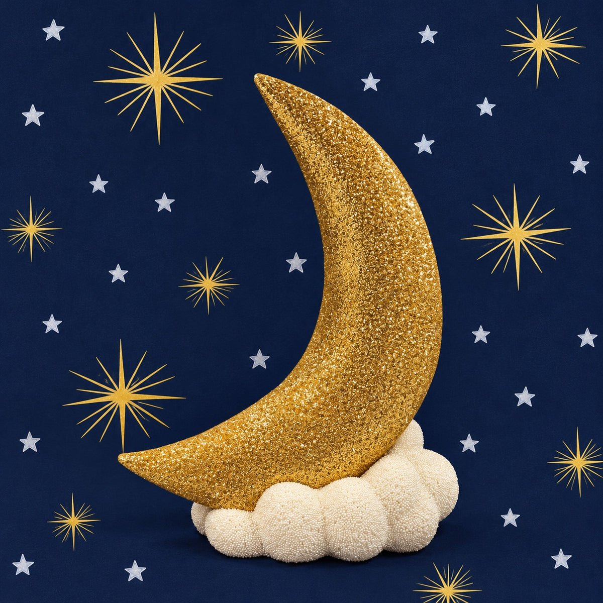 Gold crescent moon on an ivory beaded cloud by Ino Schaller, against a midnight-blue starry background