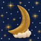 Gold crescent moon on an ivory beaded cloud by Ino Schaller, against a midnight-blue starry background