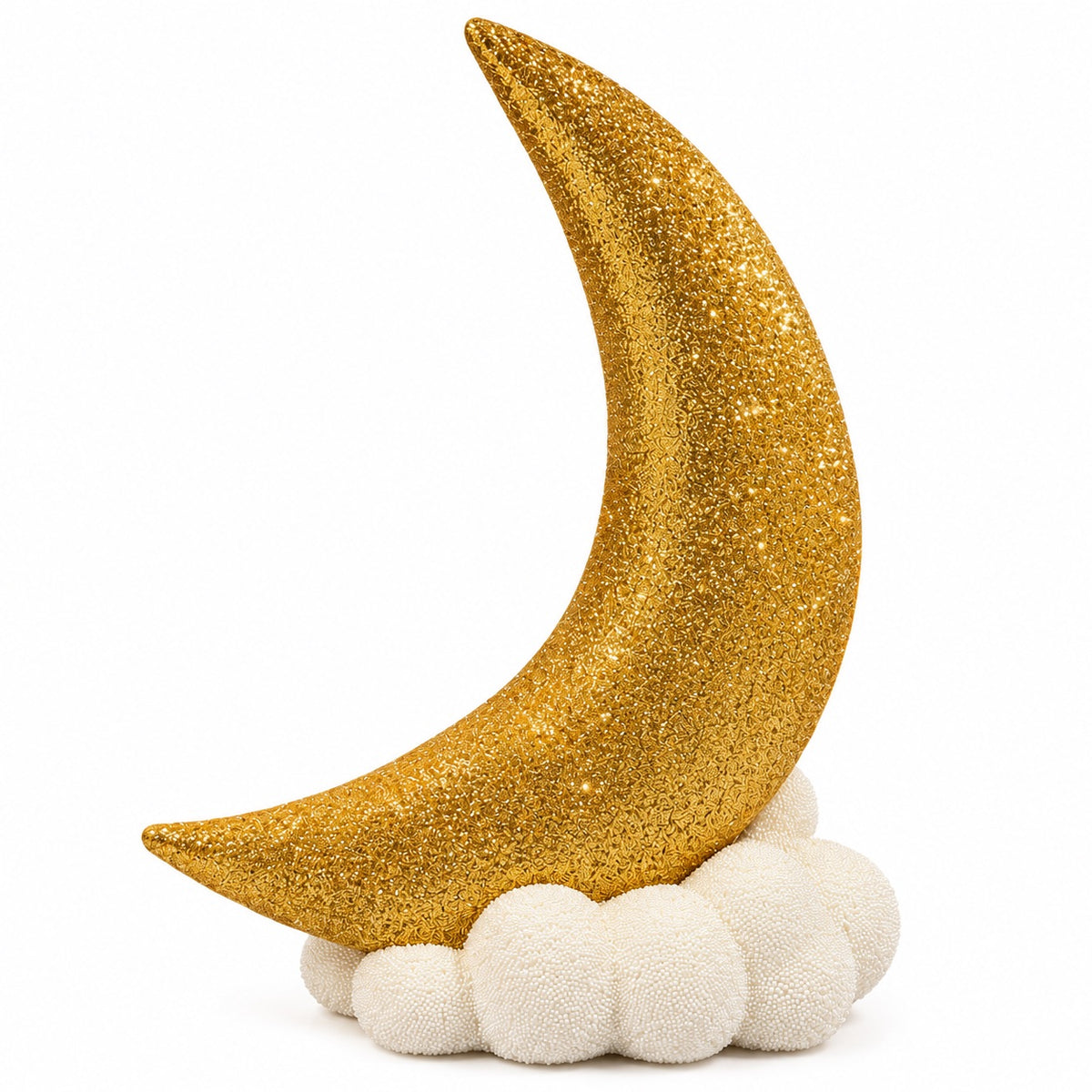 Gold crescent moon on an ivory beaded cloud by Ino Schaller, on a white background