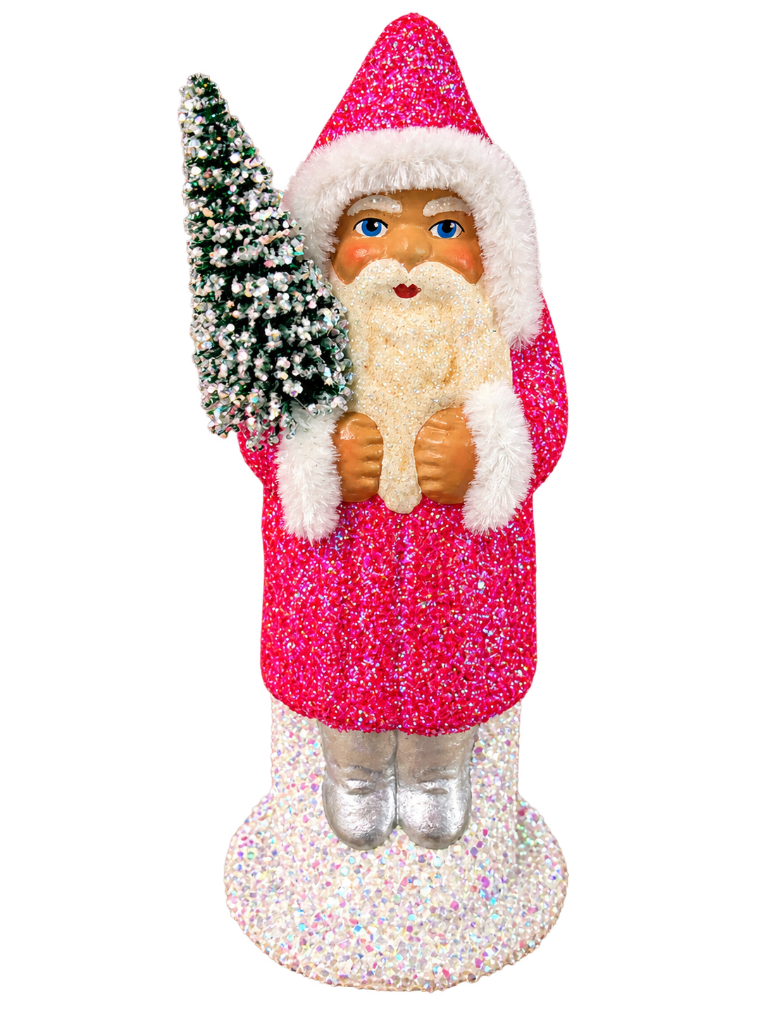 Hot pink glitter Santa with a frosted green bottlebrush tree, white pipe-cleaner trim, silver boots and an iridescent beaded base by Ino Schaller