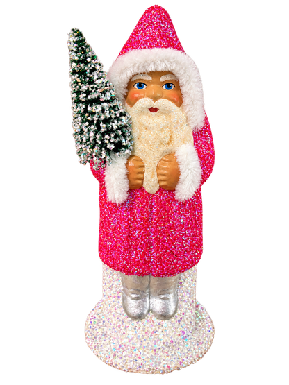 Hot pink glitter Santa with a frosted green bottlebrush tree, white pipe-cleaner trim, silver boots and an iridescent beaded base by Ino Schaller