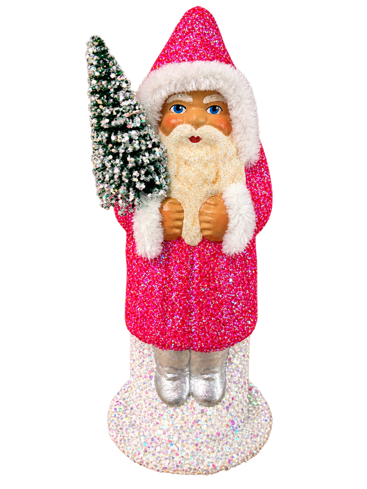 Hot pink glitter Santa with a frosted green bottlebrush tree, white pipe-cleaner trim, silver boots and an iridescent beaded base by Ino Schaller