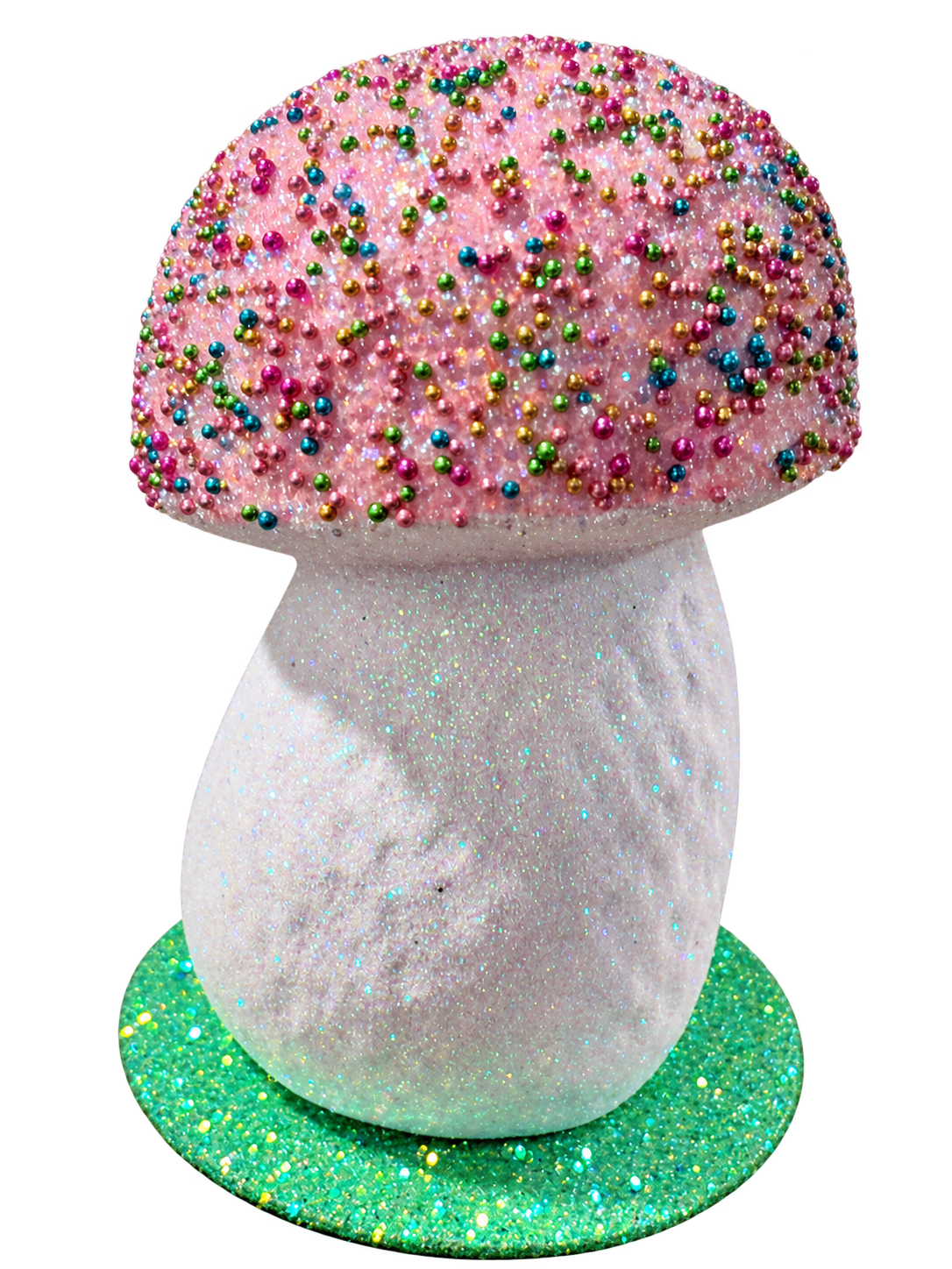 Pink mushroom with multicolored beads by Ino Schaller, side view
