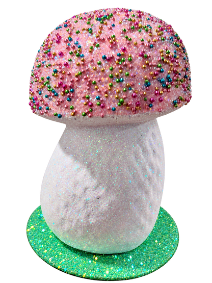 Pink mushroom with multicolored beads by Ino Schaller, side view
