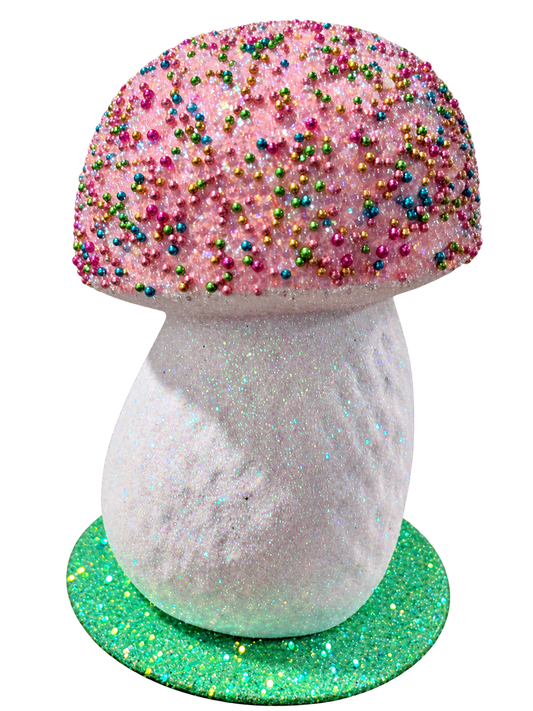 Pink mushroom with multicolored beads by Ino Schaller, side view