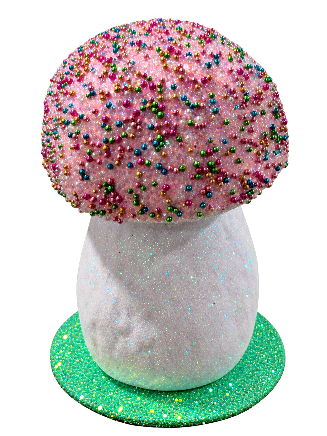 Pink mushroom with multicolored beads by Ino Schaller, front view