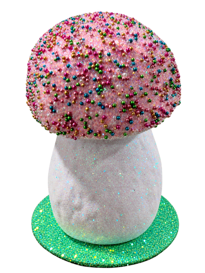 Pink mushroom with multicolored beads by Ino Schaller, front view