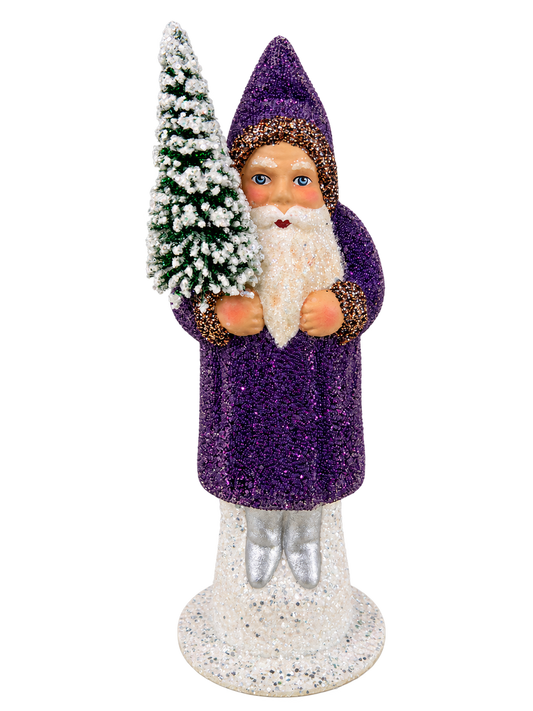 Purple beaded Ino Schaller Santa with dark copper-grey trim, frosted green tree and silver boots