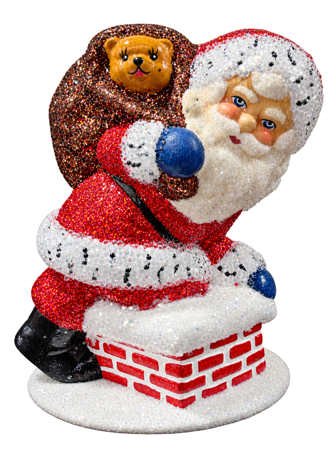 Red beaded Santa on chimney with teddy bear in bag by Ino Schaller