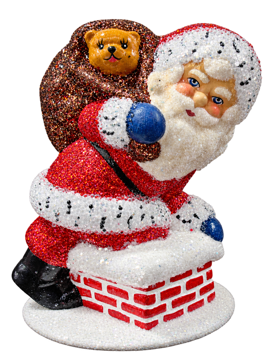 Red beaded Santa on chimney with teddy bear in bag by Ino Schaller