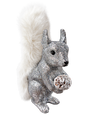 Silver glitter squirrel with white fur tail holding a pinecone by Ino Schaller