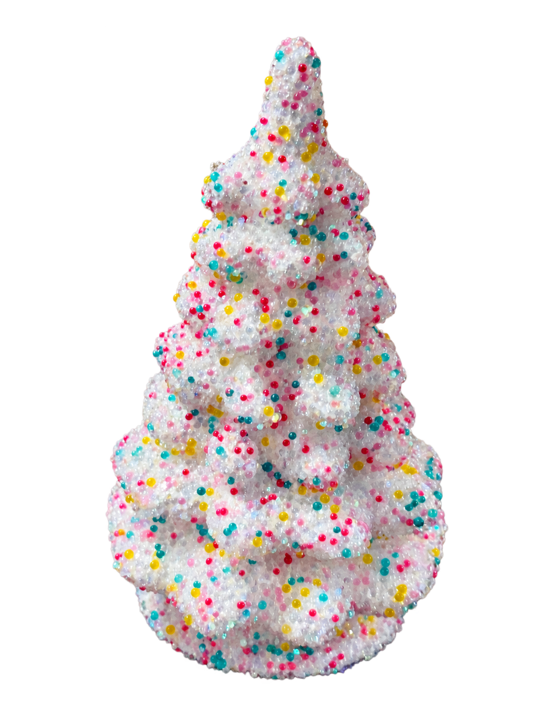 Small white sugarbeaded papier-mâché Christmas tree with multicolored beads by Ino Schaller