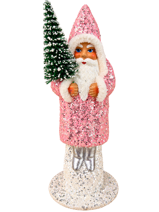 Soft pink Ino Schaller Santa with sponged silver glitter, a frosted green bottlebrush tree, white pipe-cleaner trim and silver boots