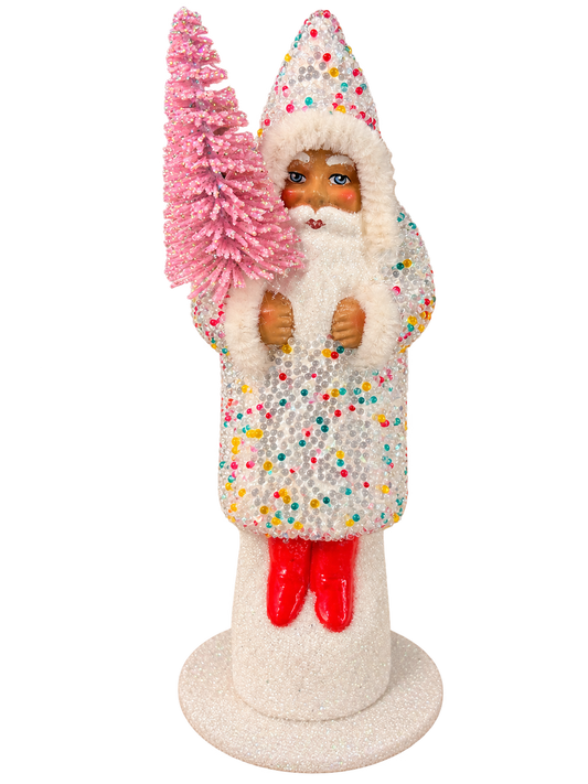 Sugarbead Confetti Santa with Rose Tree by Ino Schaller, with white pipe-cleaner trim, fire-red boots and a beaded base