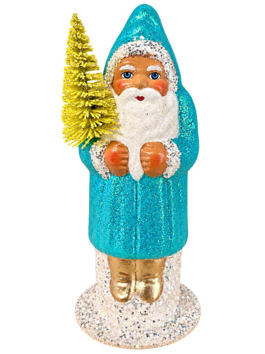 Turquoise Ino Schaller Santa with sponged blue glitter, silver glitter trim, golden boots and a chartreuse bottlebrush tree