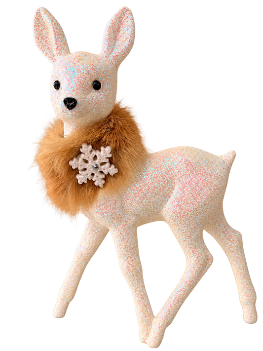 White Glitter Bambi with Fur Collar and Snowflake by Ino Schaller, isolated on a transparent background