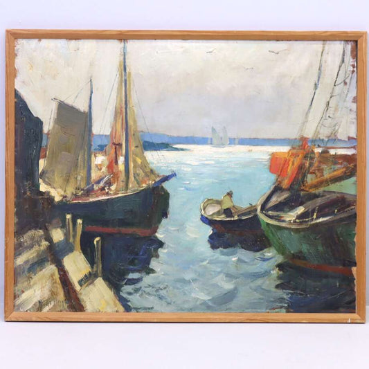Knut Norrman – Scandinavian Harbor Scene with Boats (Oil on Panel) - Bon Ton goods