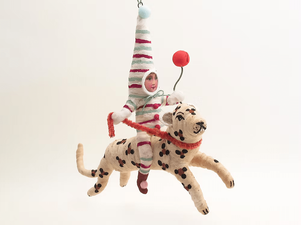 Leaping Leopard Rider Ornament | Vintage by Crystal Spun Cotton Ornament - Bon Ton goods