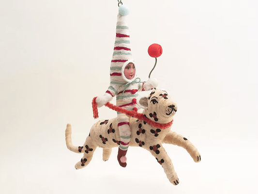 Leaping Leopard Rider Ornament | Vintage by Crystal Spun Cotton Ornament - Bon Ton goods