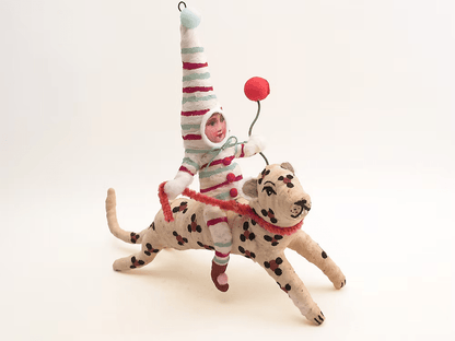 Leaping Leopard Rider Ornament | Vintage by Crystal Spun Cotton Ornament - Bon Ton goods