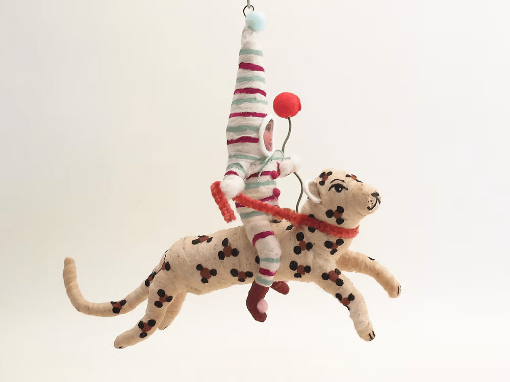 Leaping Leopard Rider Ornament | Vintage by Crystal Spun Cotton Ornament - Bon Ton goods