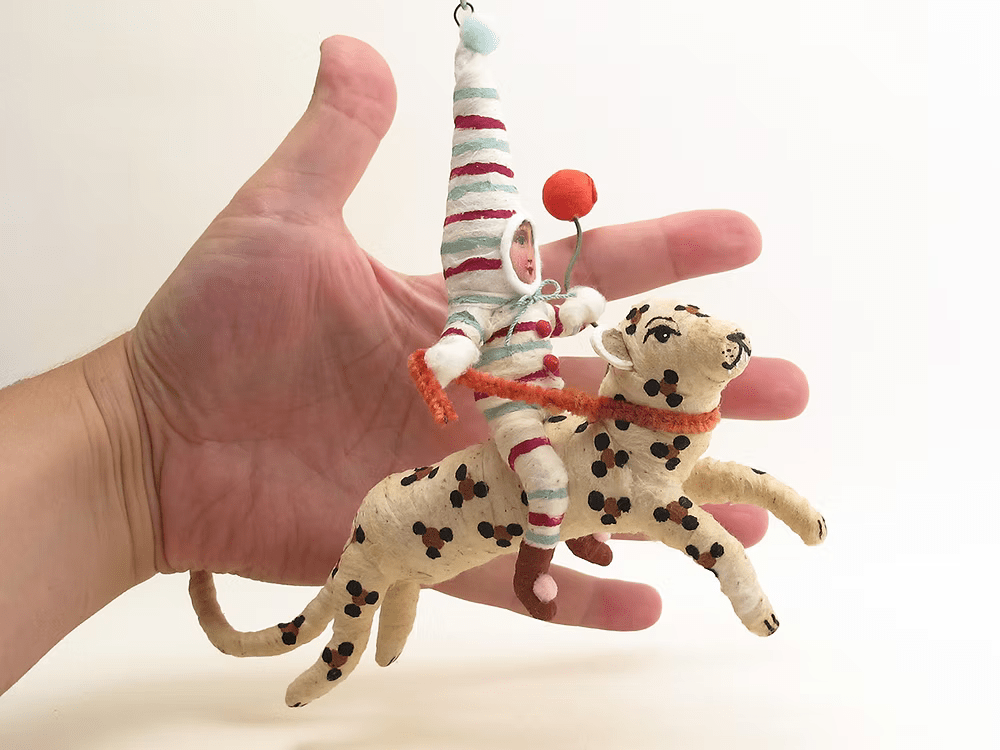 Leaping Leopard Rider Ornament | Vintage by Crystal Spun Cotton Ornament - Bon Ton goods