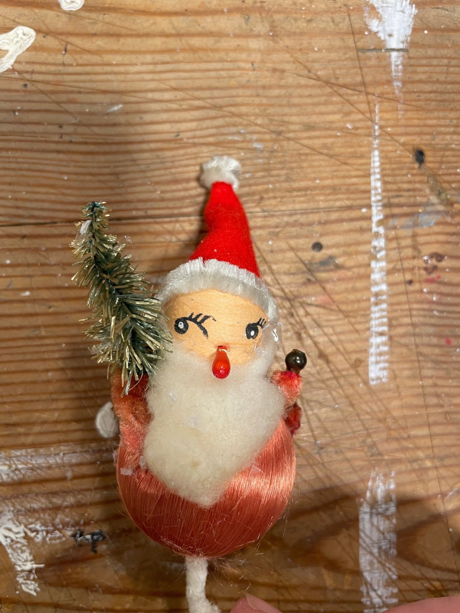 Light Red with Green Tree Vintage Mid-Century Santa Ornament - Made in Japan - Bon Ton goods