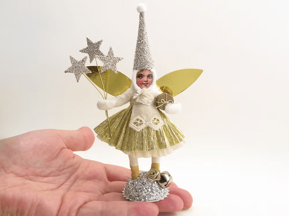 Magic Golden Fairy Figure | Vintage by Crystal Spun Cotton Ornament - Bon Ton goods