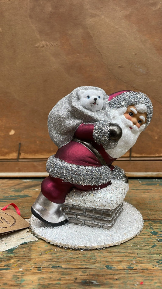 Matte "Red Wine" Santa on Chimney with Bear| Ino Schaller - Bon Ton goods
