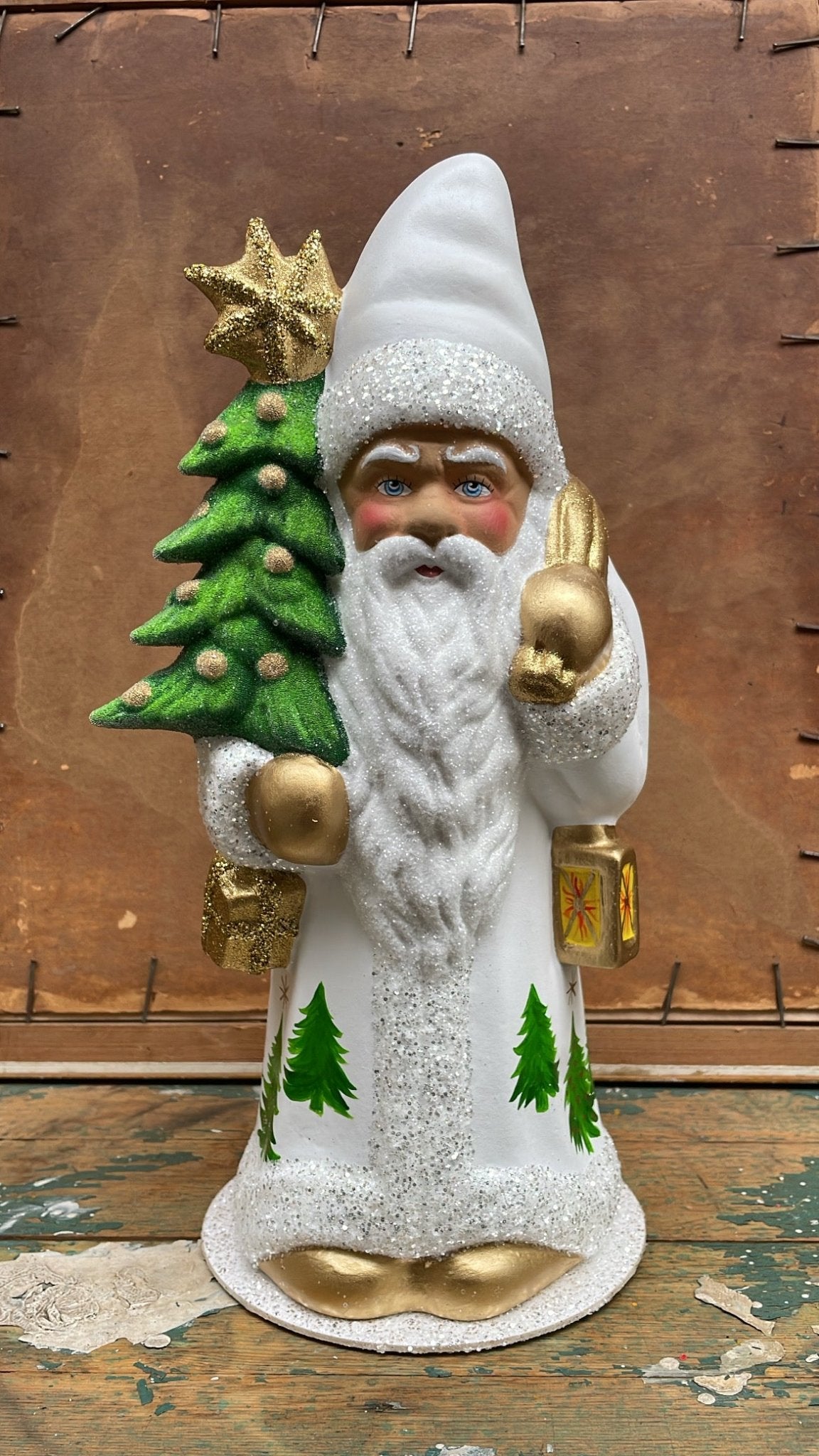 Matte White Santa With Tree Scene, Golden Bag, & Large Beaded Tree with Star | Ino Schaller - Bon Ton goods