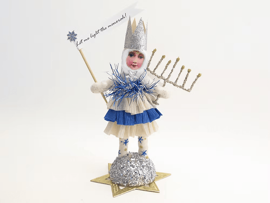 Menorah Hanukkah Girl Figure | Vintage by Crystal Spun Cotton Ornament - Bon Ton goods